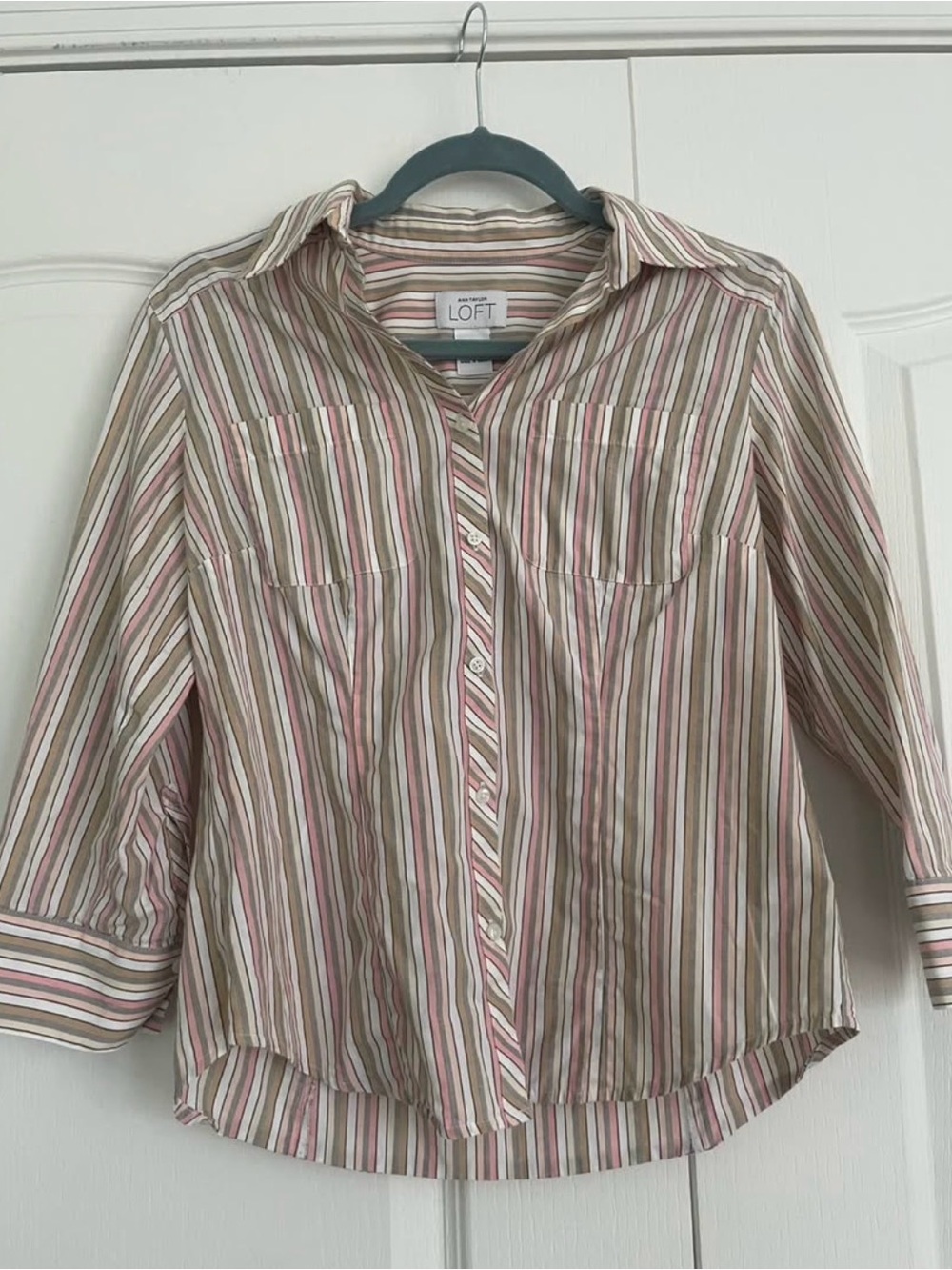 LOFT Pink, Green & Cream Striped Button-Down Shirt